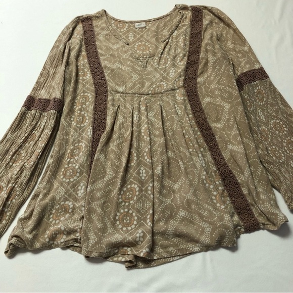 O’NEILL Brown Boho Flowy V-Neck Babydoll Top With Crochet Detailing Size Medium - Picture 3 of 12